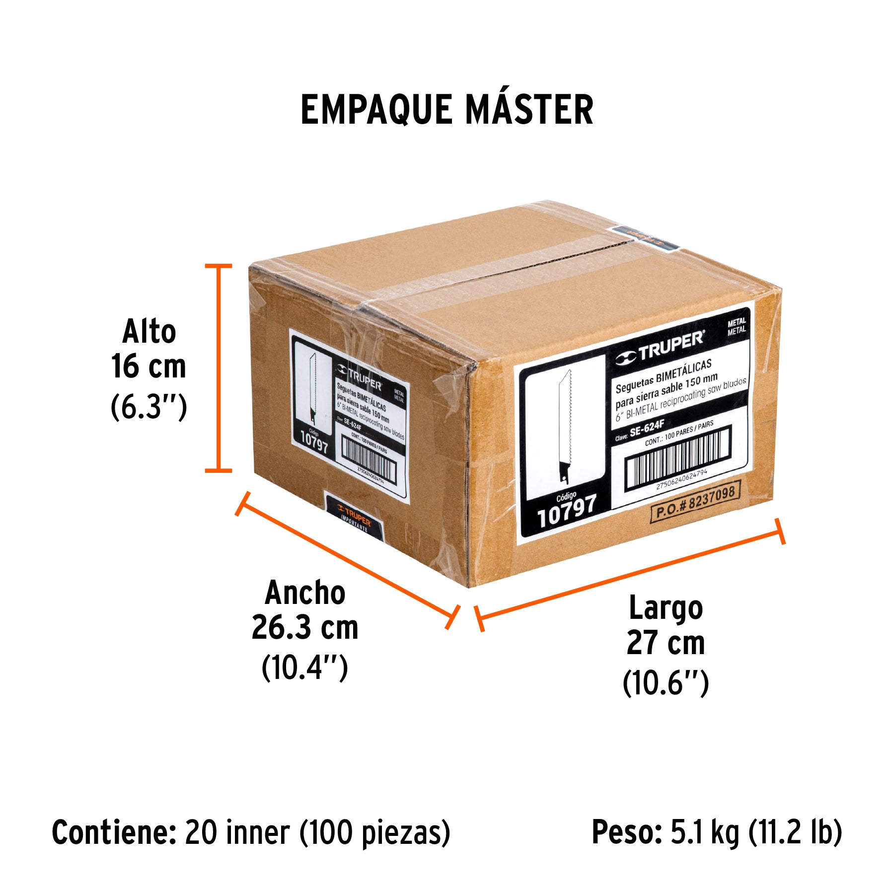 Segueta sierra sable, 6", 24 DPP, recta para metales, 2 pzas
