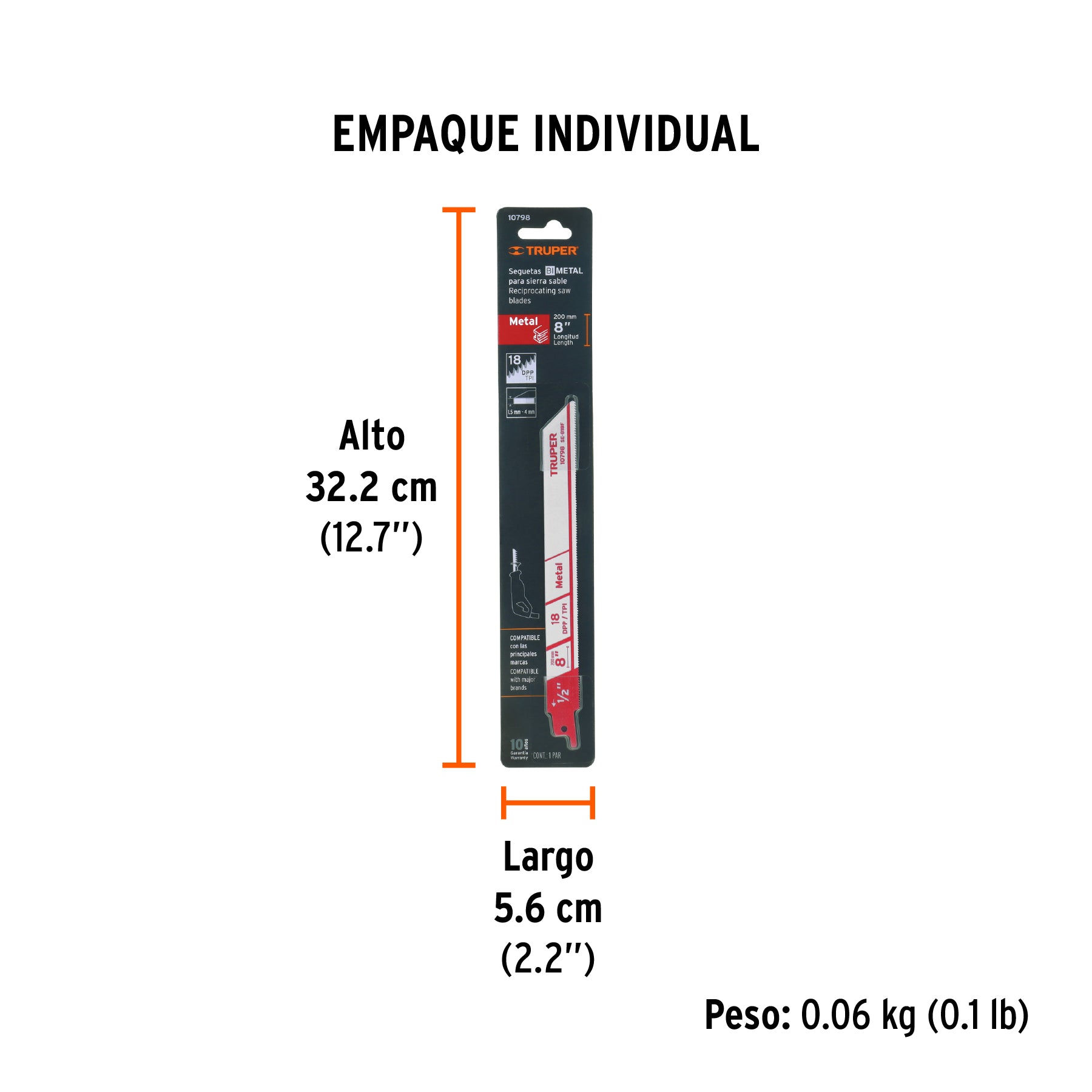 Segueta sierra sable, 8", 18 DPP, recta para metales, 2 pzas