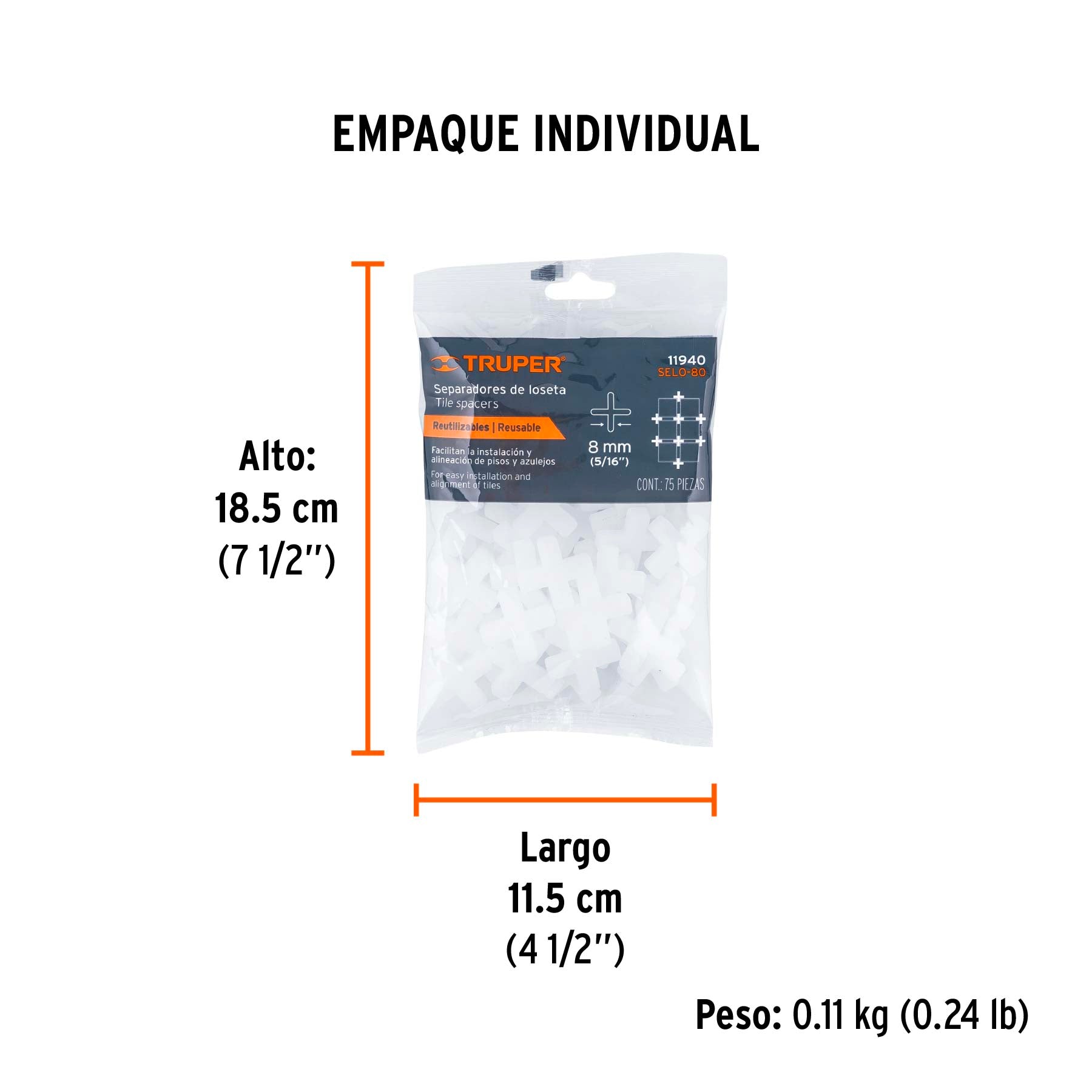 Separadores de losetas, 8 mm, bolsa con 75 pzas