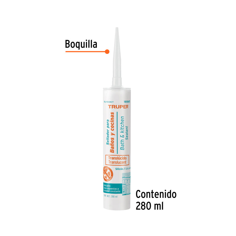 Silicón 100%, para baños y cocina, transparente