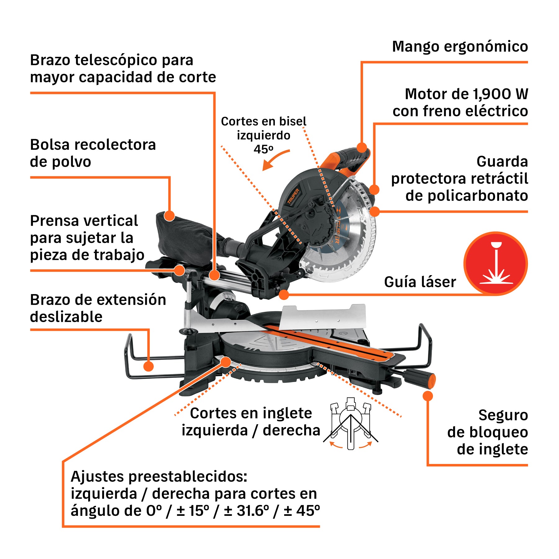 Sierra de inglete telescópica compuesta de 10"