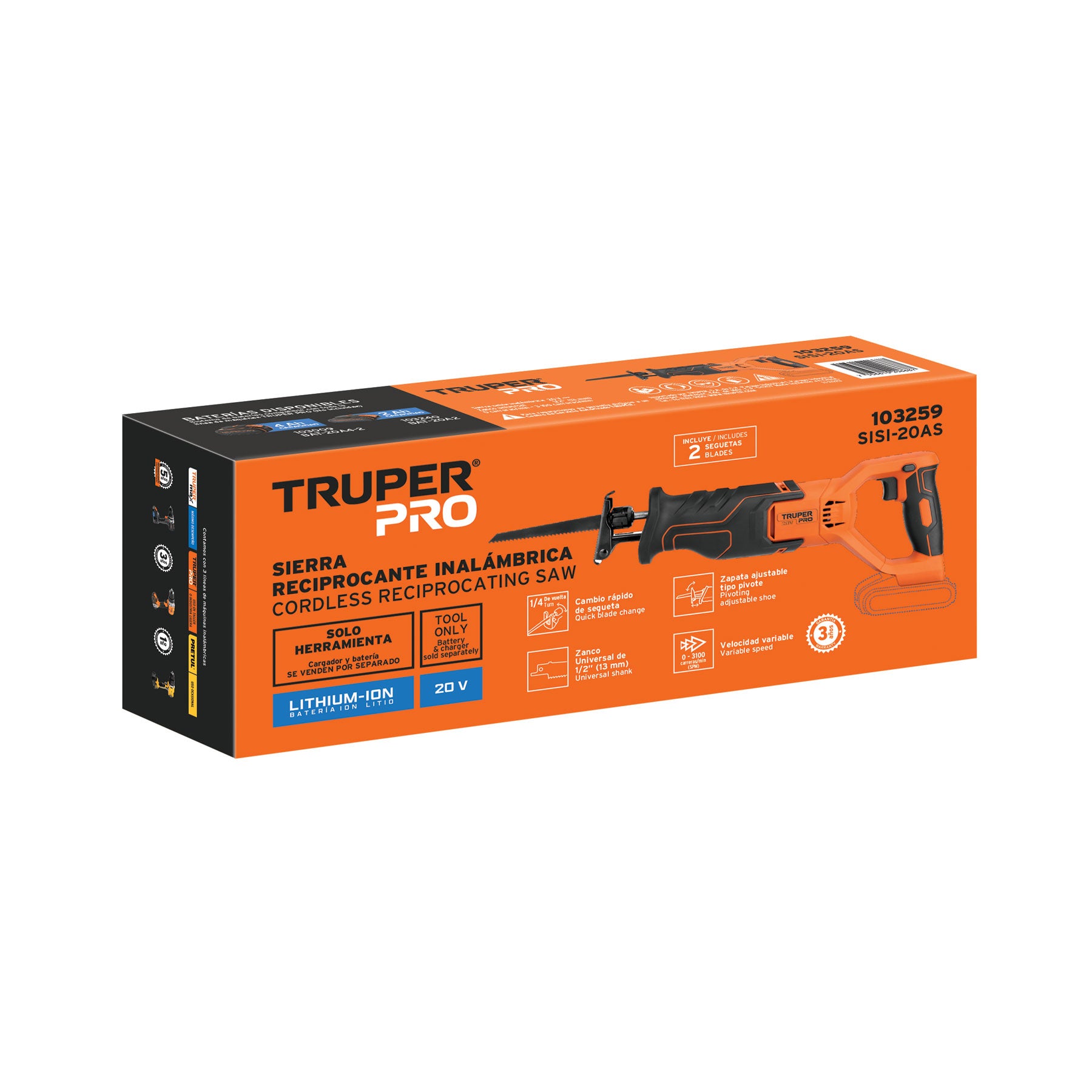 Sierra sable inal. 20V, s/accesorios, TRUPER PRO