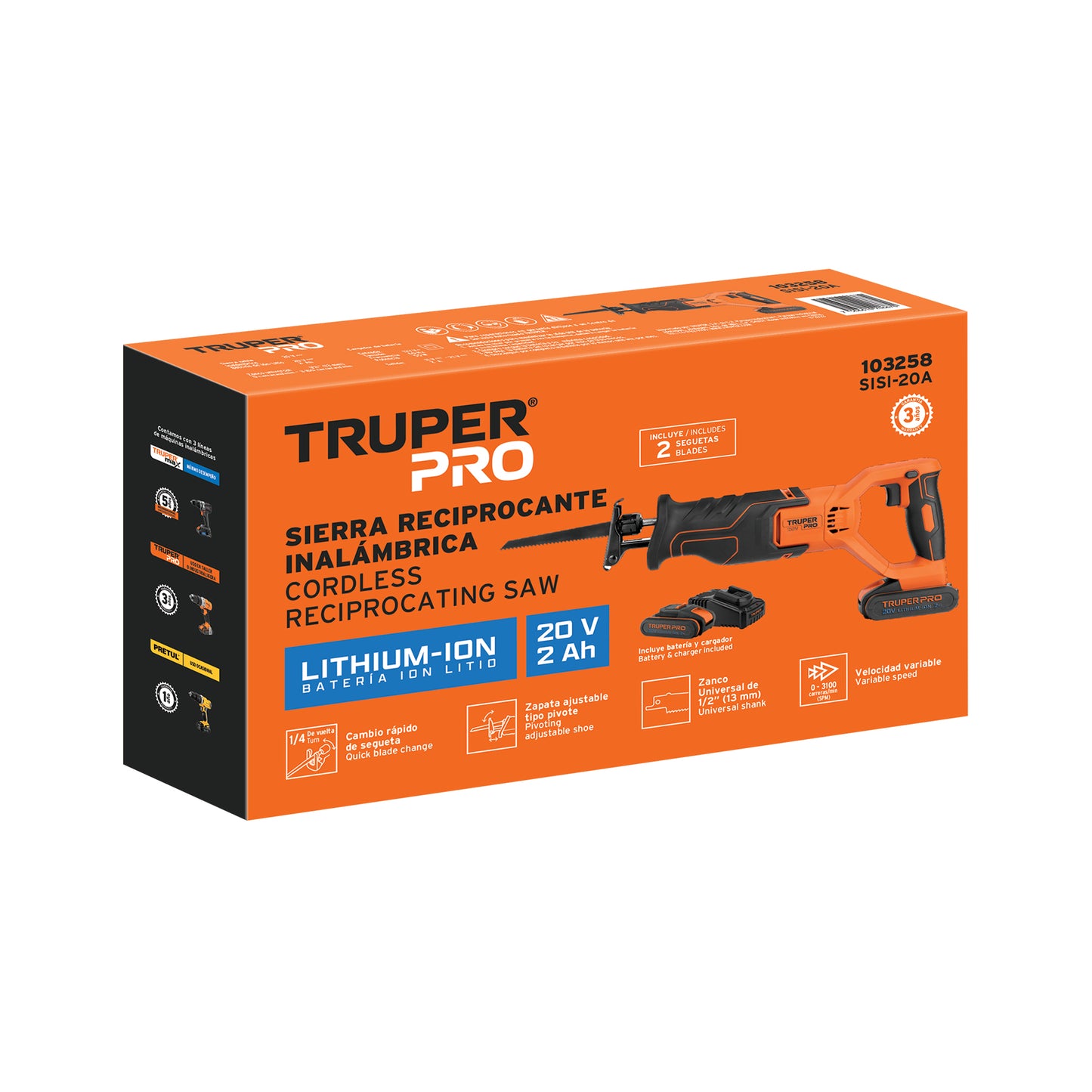 Sierra sable inal. 20V, 1 bat. 2Ah, 1 carg. TRUPER PRO