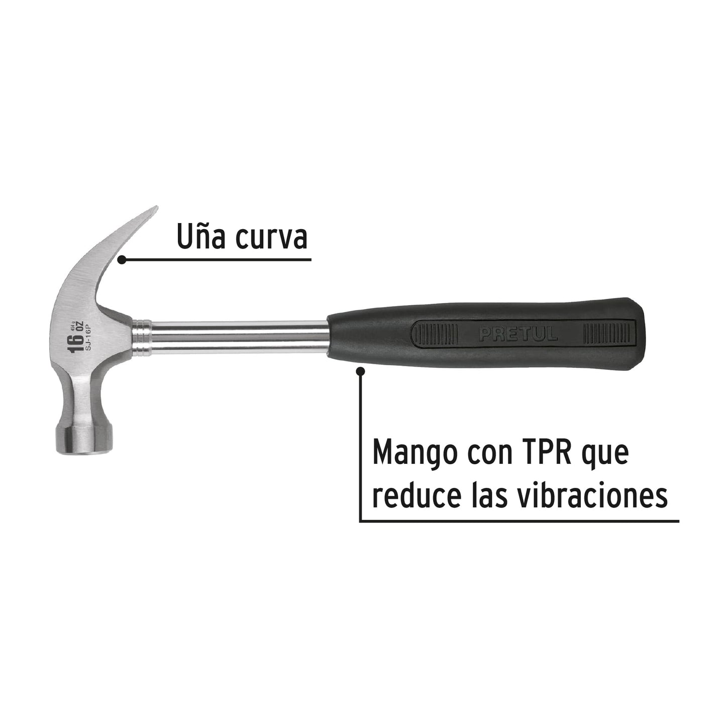 Martillo pulido, 16 oz, uña curva, mango tubular, pretul