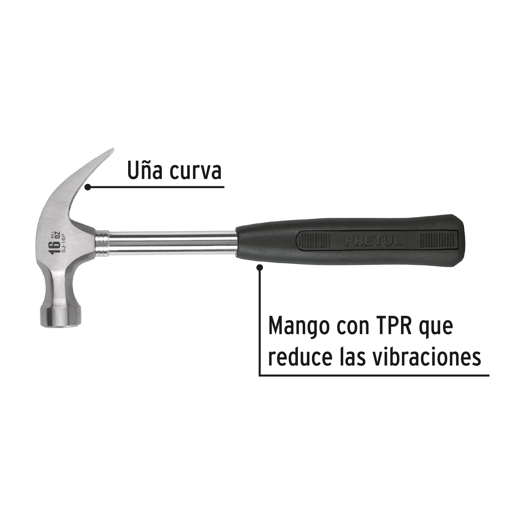 Martillo pulido, 16 oz, uña curva, mango tubular, pretul