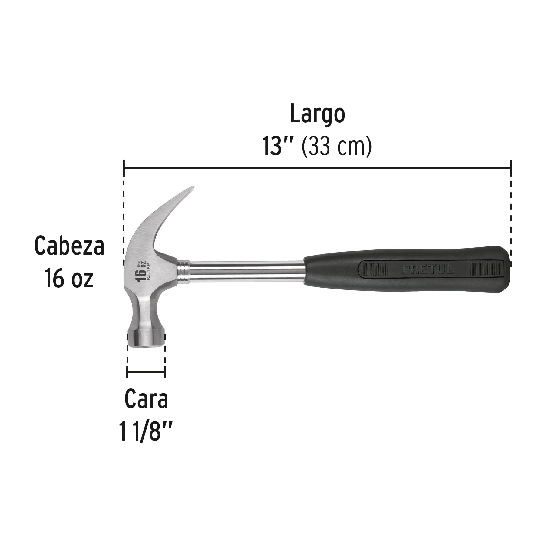 Martillo pulido, 16 oz, uña curva, mango tubular, pretul