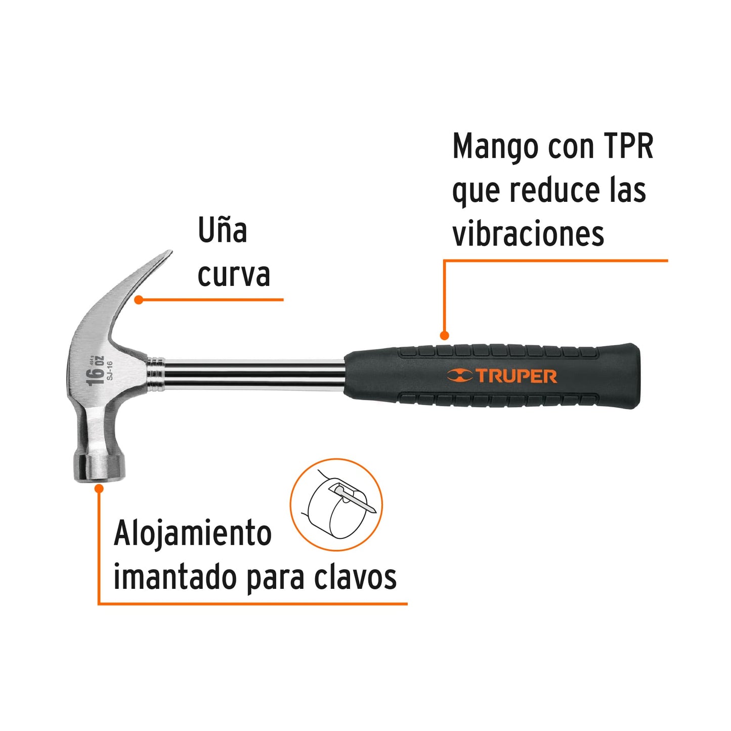 Martillo pulido 16 oz,uña curva,mango tubular con neopreno