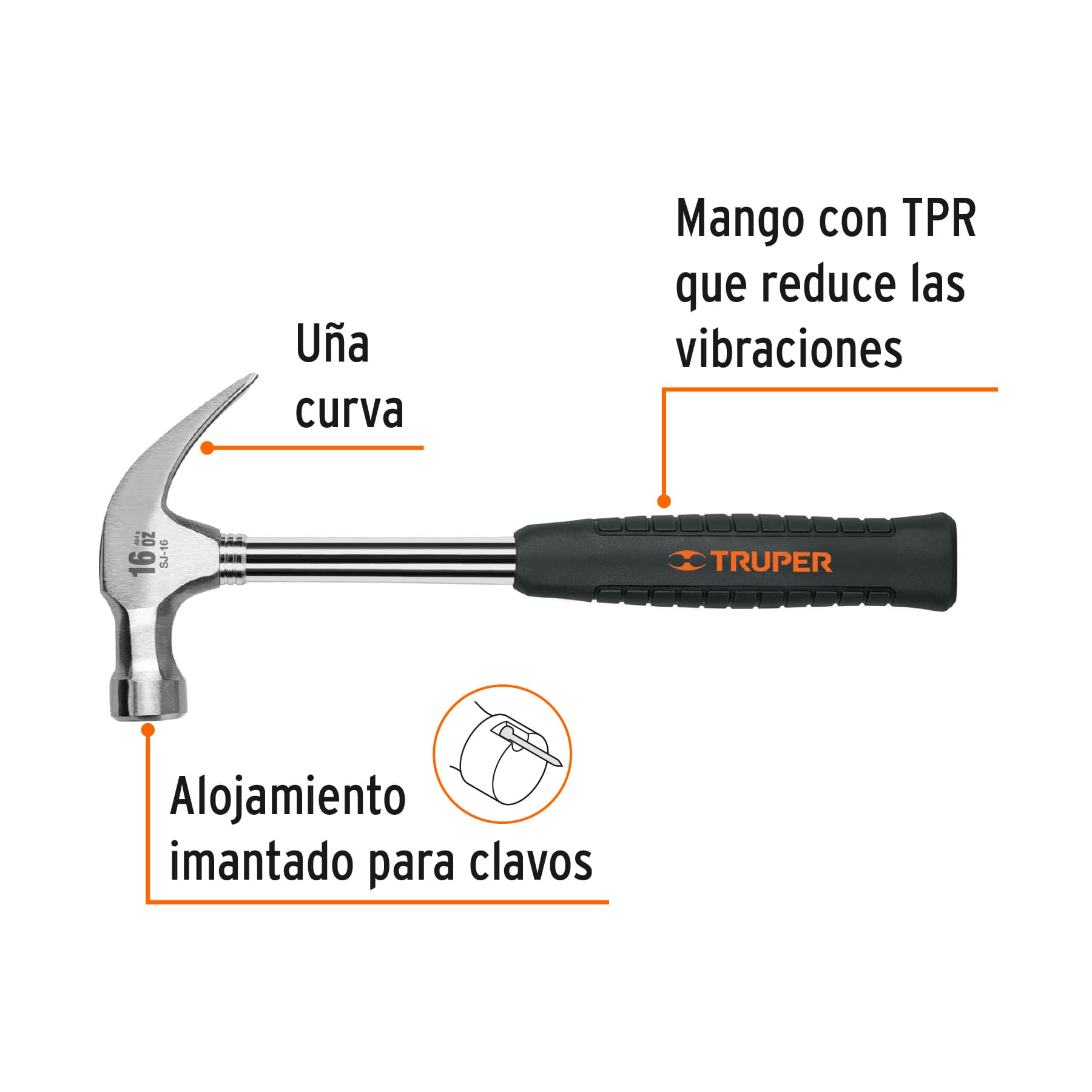 Martillo pulido 16 oz,uña curva,mango tubular con neopreno