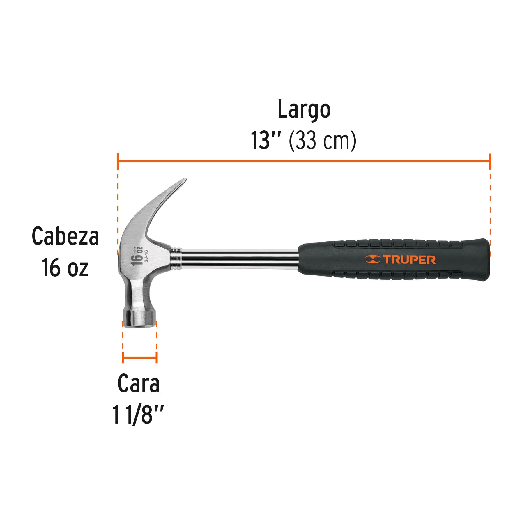 Martillo pulido 16 oz,uña curva,mango tubular con neopreno