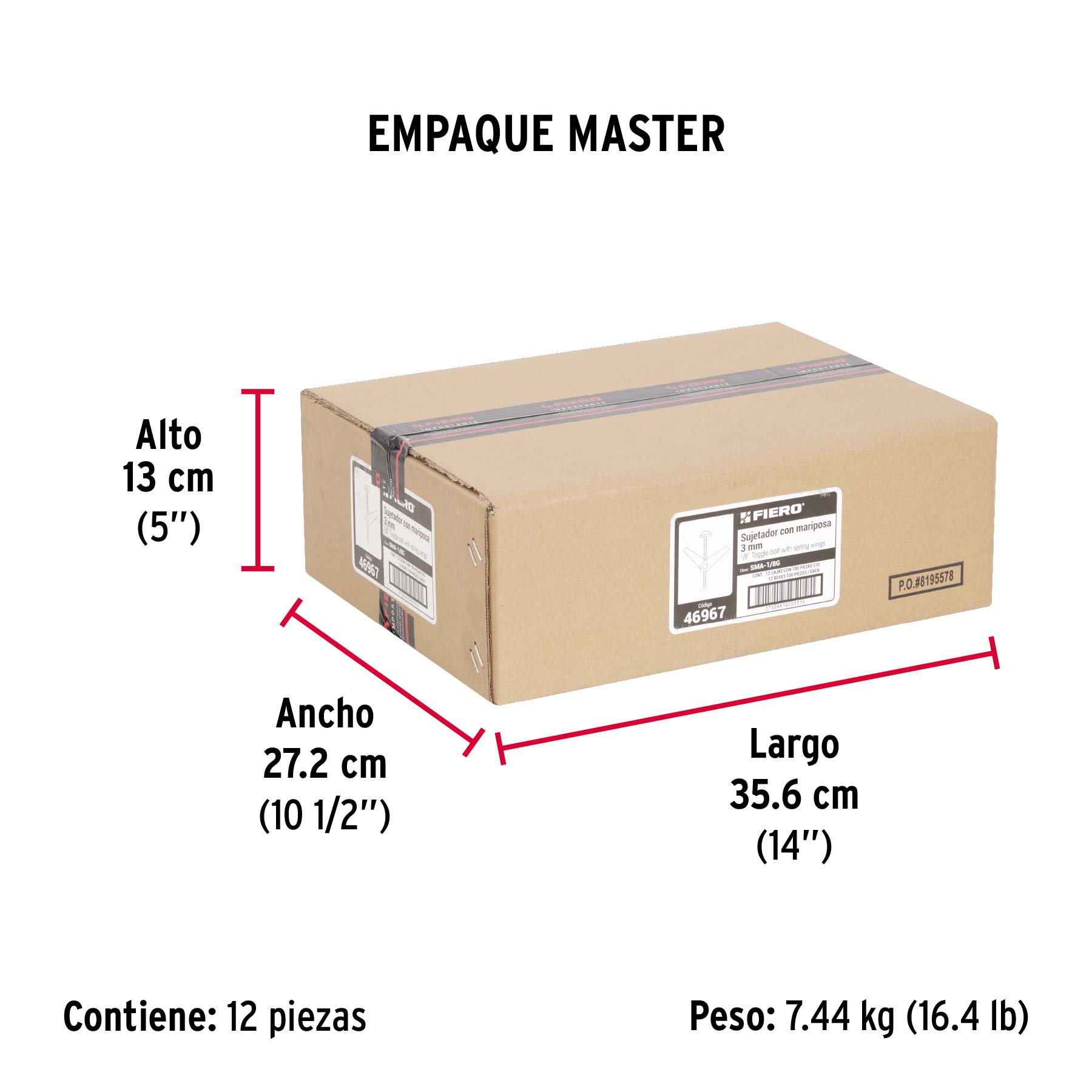 Caja con 100 sujetadores tipo mariposa de 1/8' x 2', Fiero