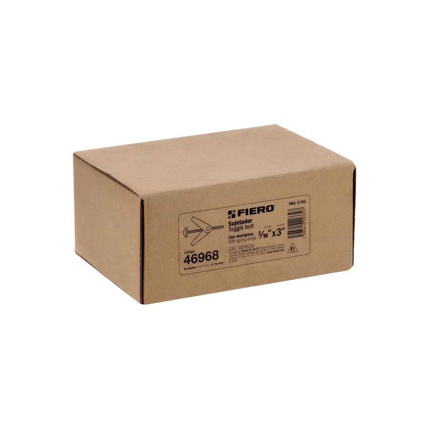 Caja con 100 sujetadores tipo mariposa de 3/16' x 3', Fiero
