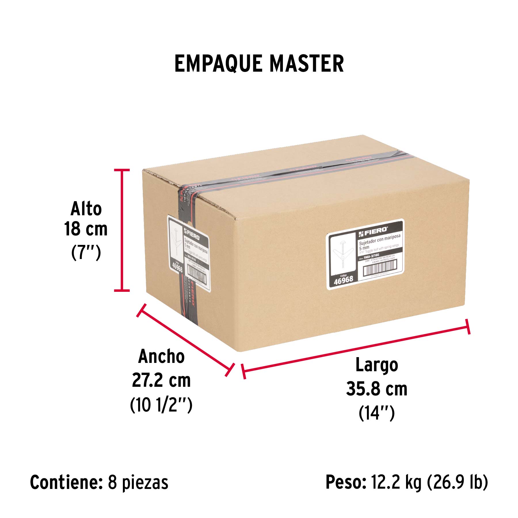 Caja con 100 sujetadores tipo mariposa de 3/16' x 3', Fiero