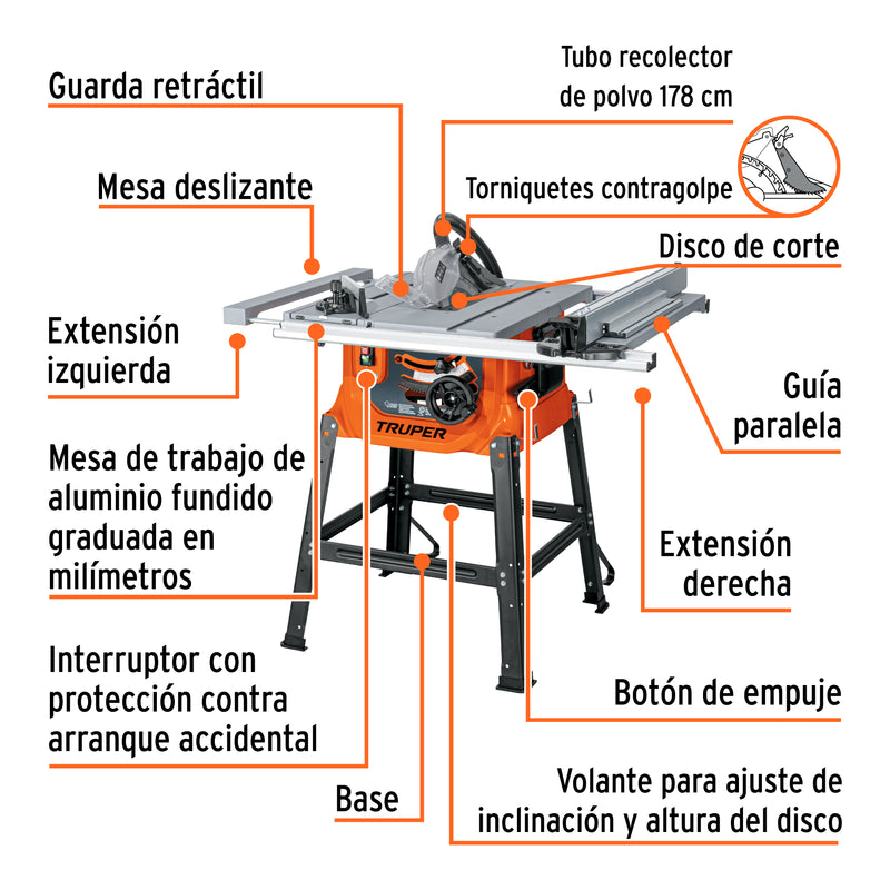 Sierra de mesa 10' con base, 2.4 HP