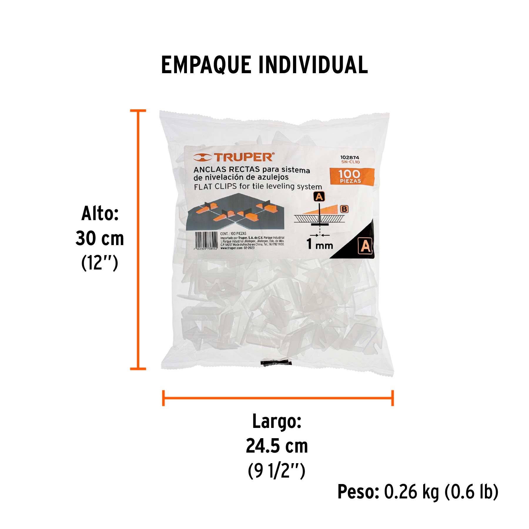 Bolsa con 100 anclas de 1 mm, para nivelación de azulejos