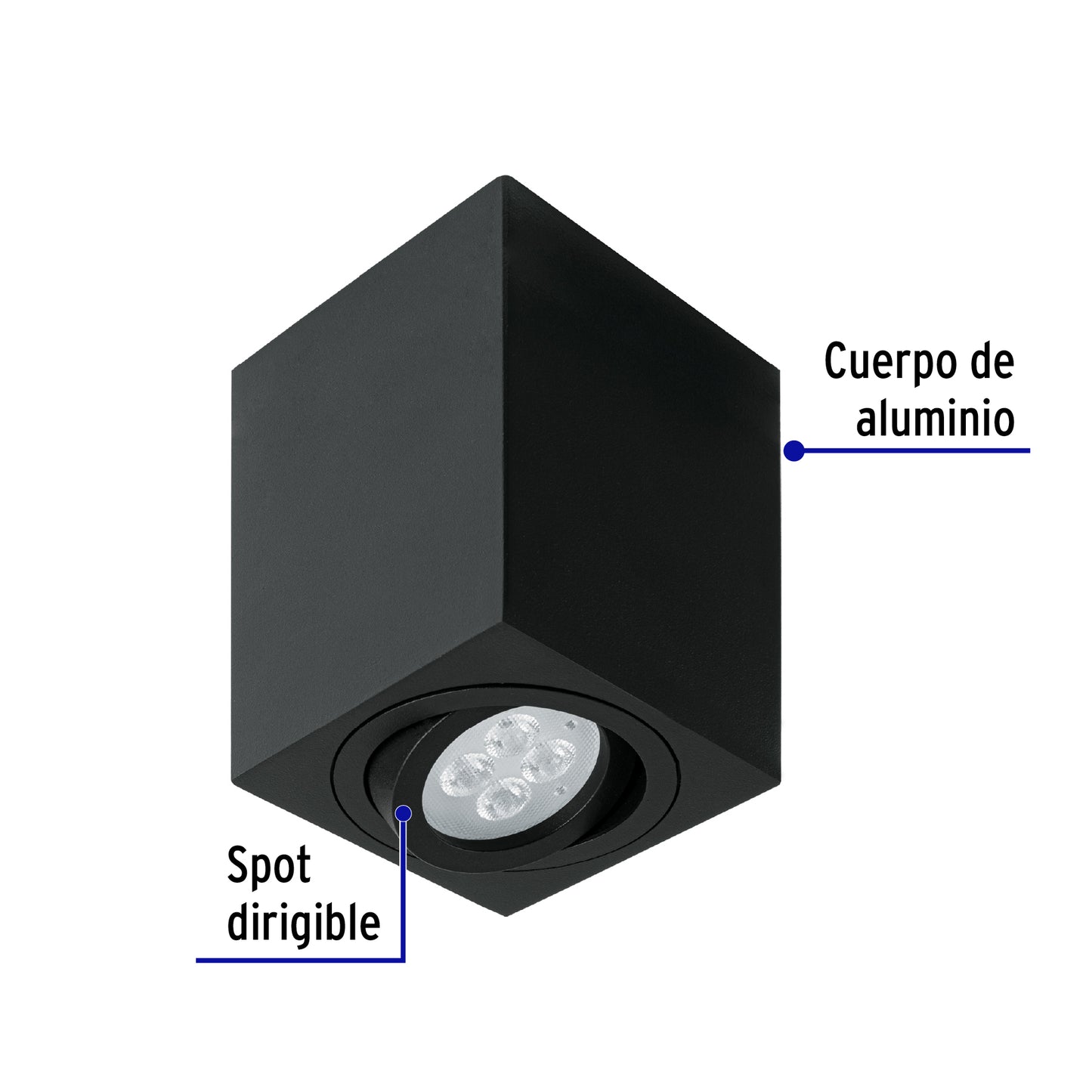 Luminario de sobreponer c/spot dirigible, cuadrado, negro