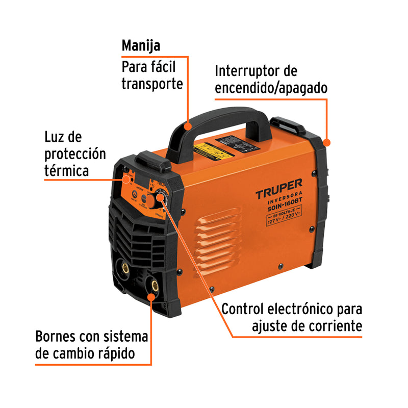 Soldadora inversora 160A, bi-voltaje 127/220V, TRUPER