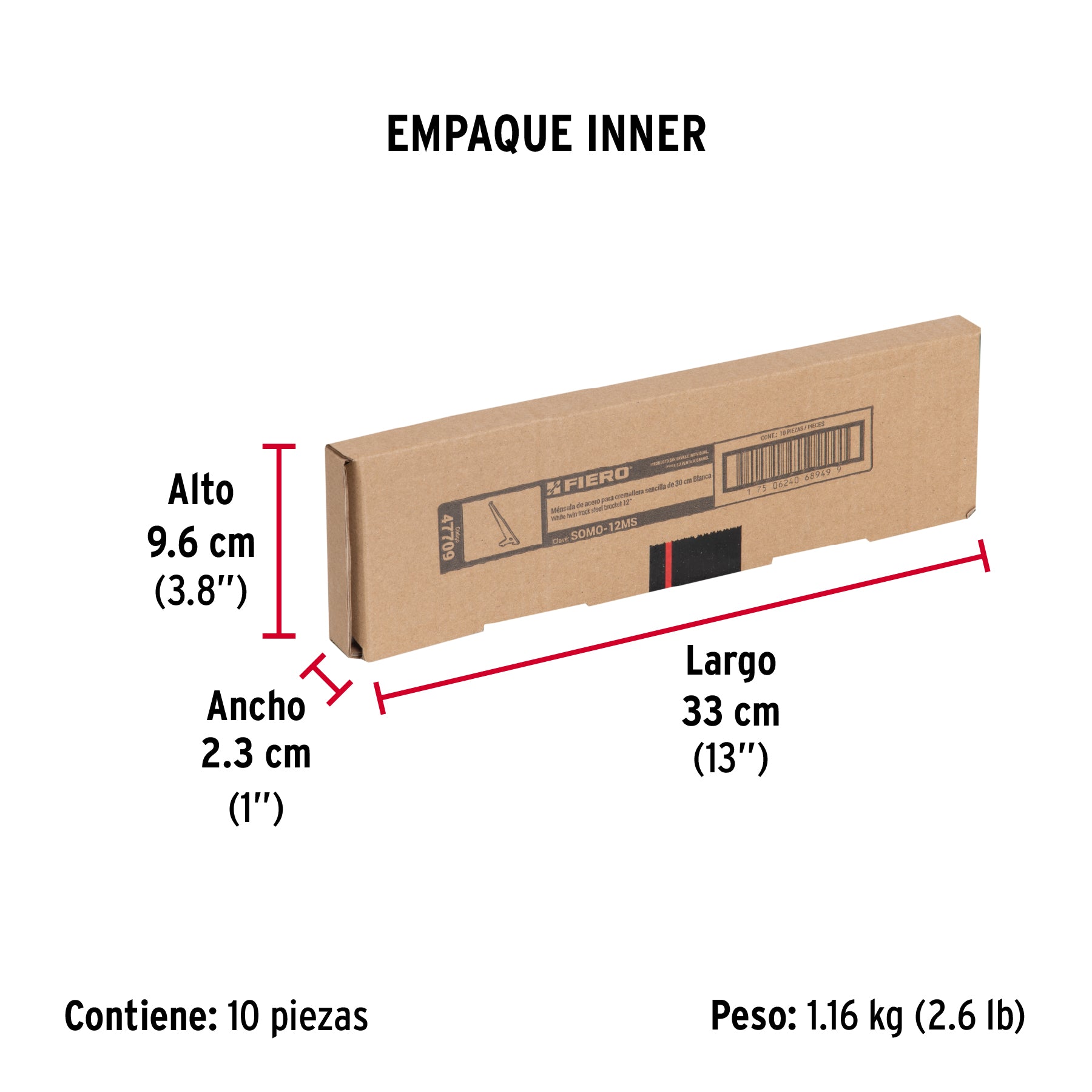 Ménsula plana blanca para cremallera sencilla, 30cm