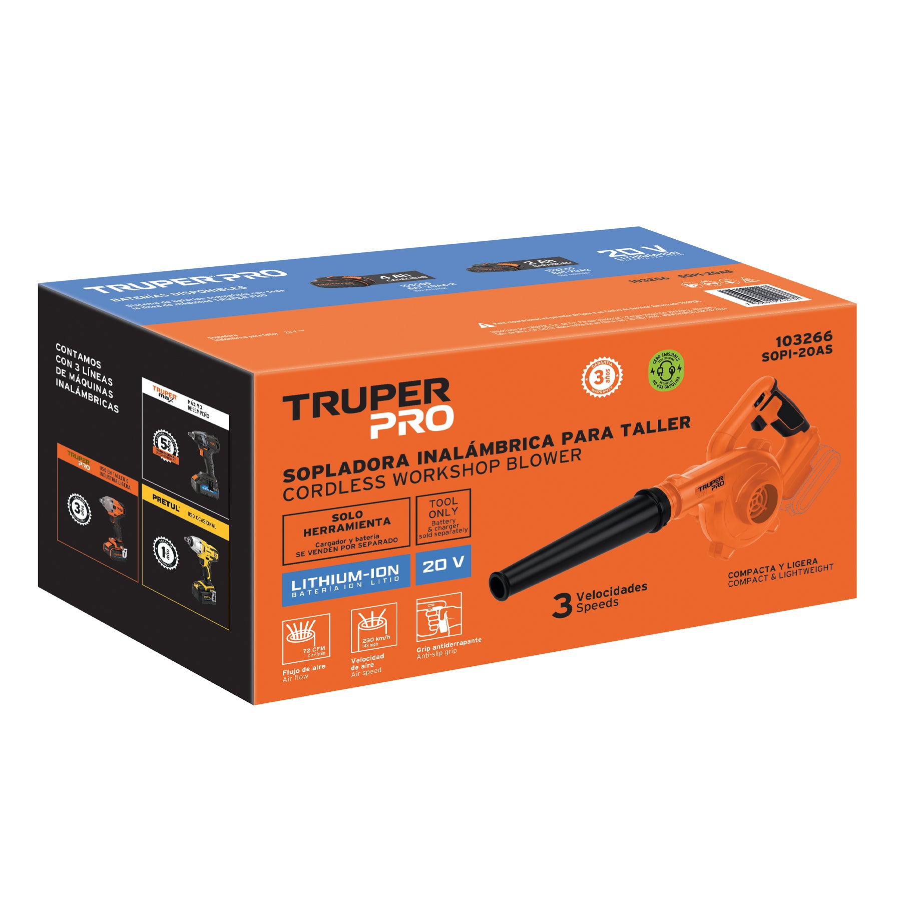 Sopladora inal. para taller 20V, s/accesorios, TRUPER PRO