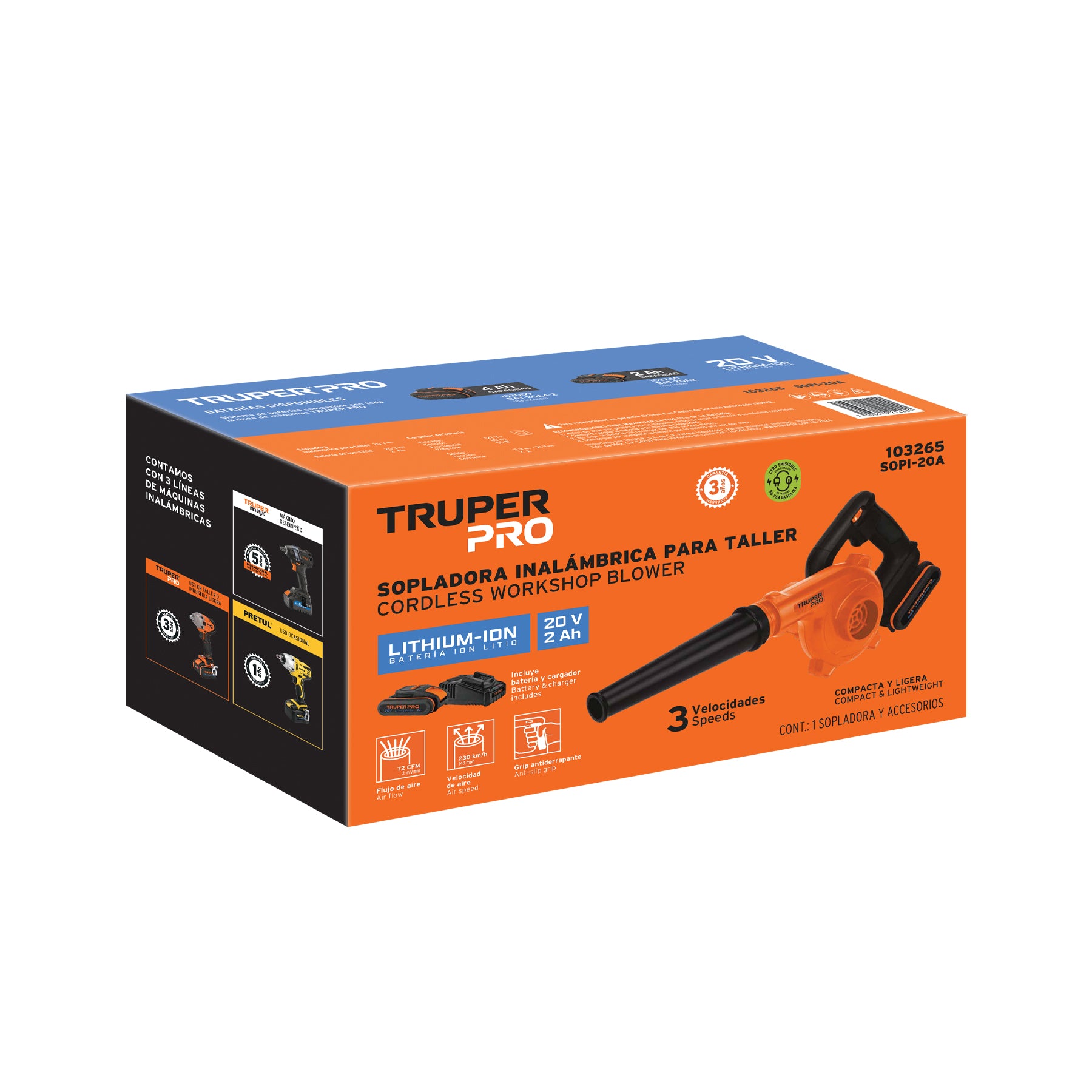 Sopladora inal. para taller 20V, 1 bat. 2Ah, 1 carg. PRO