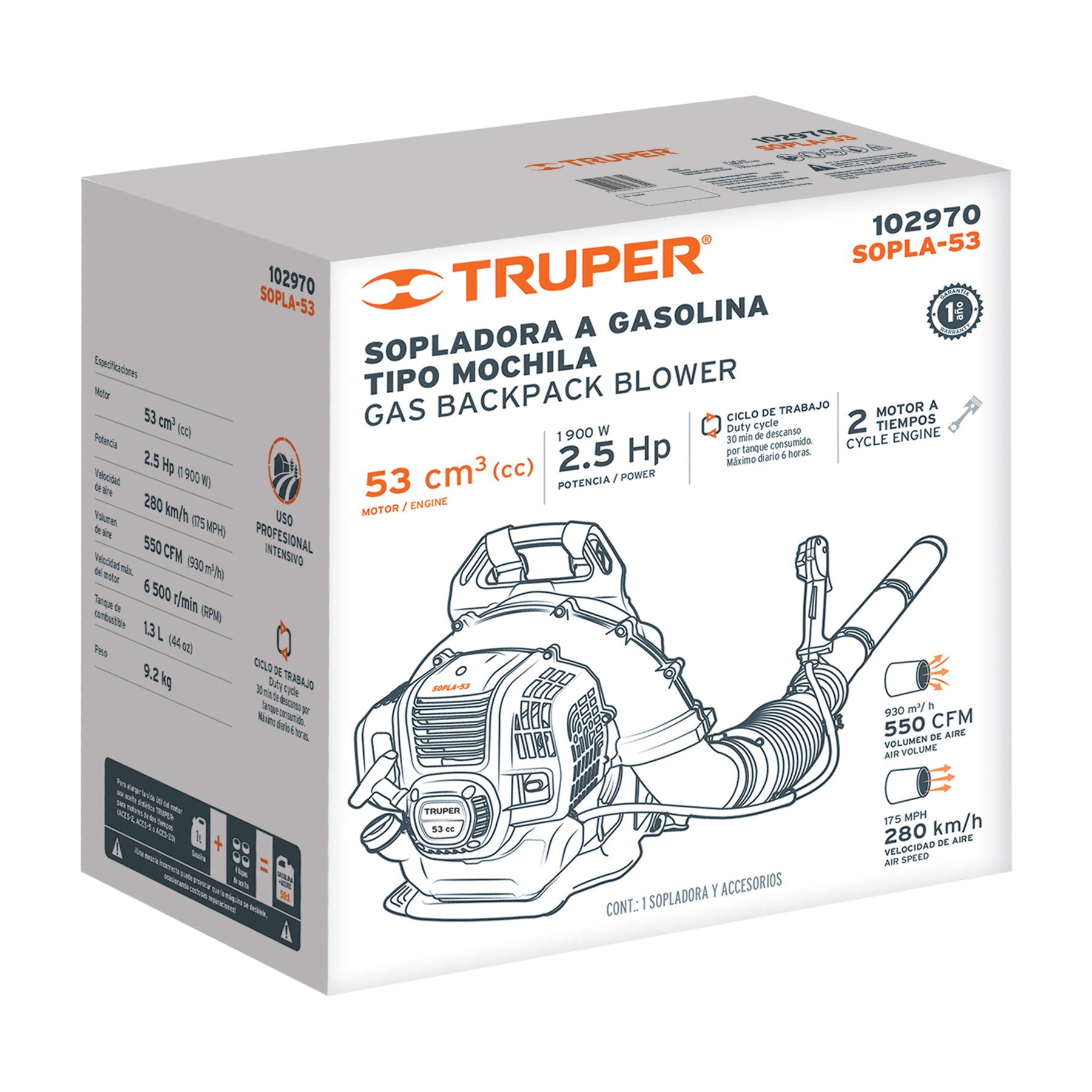 Sopladora con motor de 53cc a gasolina, tipo mochila, Truper
