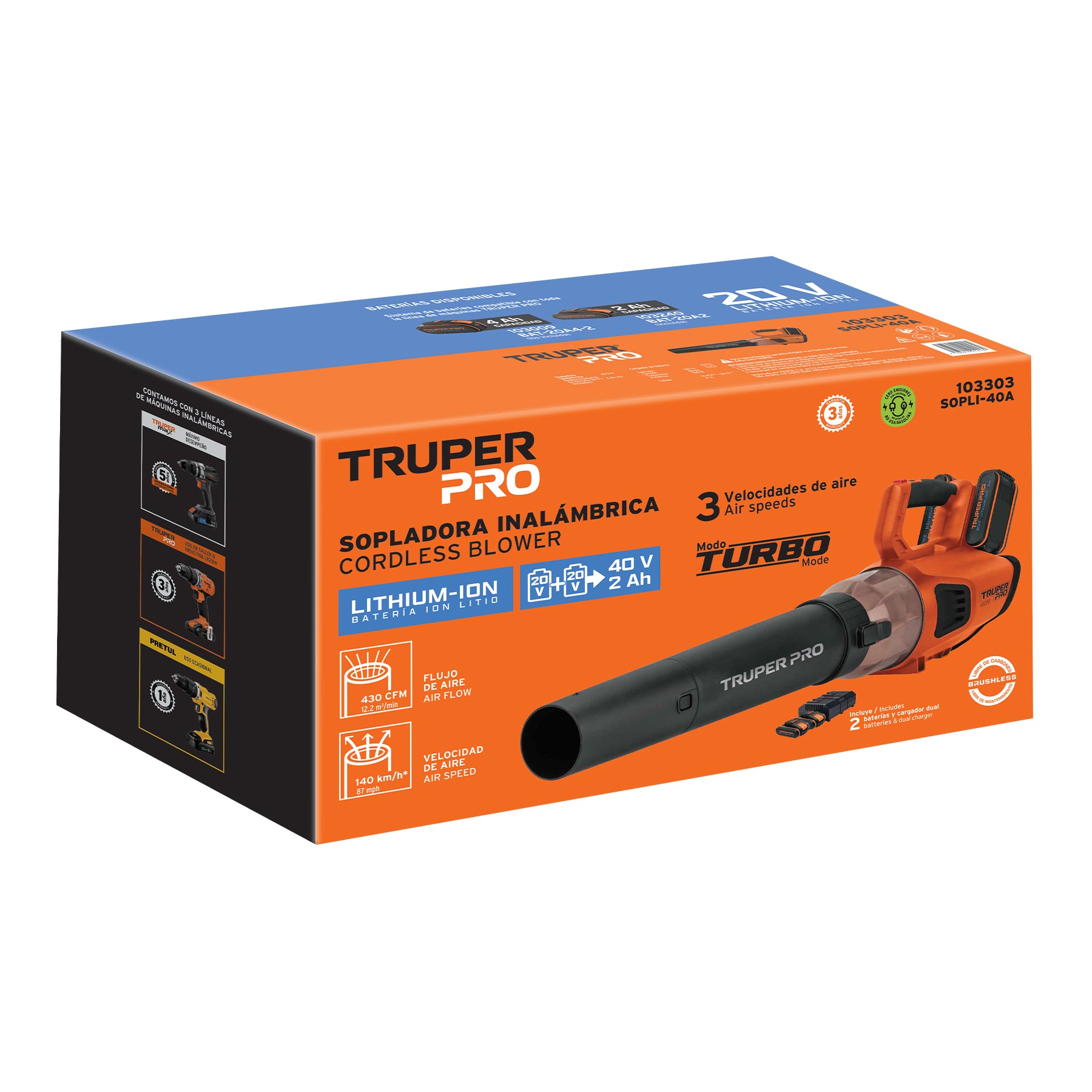 Sopladora inalámbrica 40V, 2 baterías 2Ah, 1 carg.dual, PRO