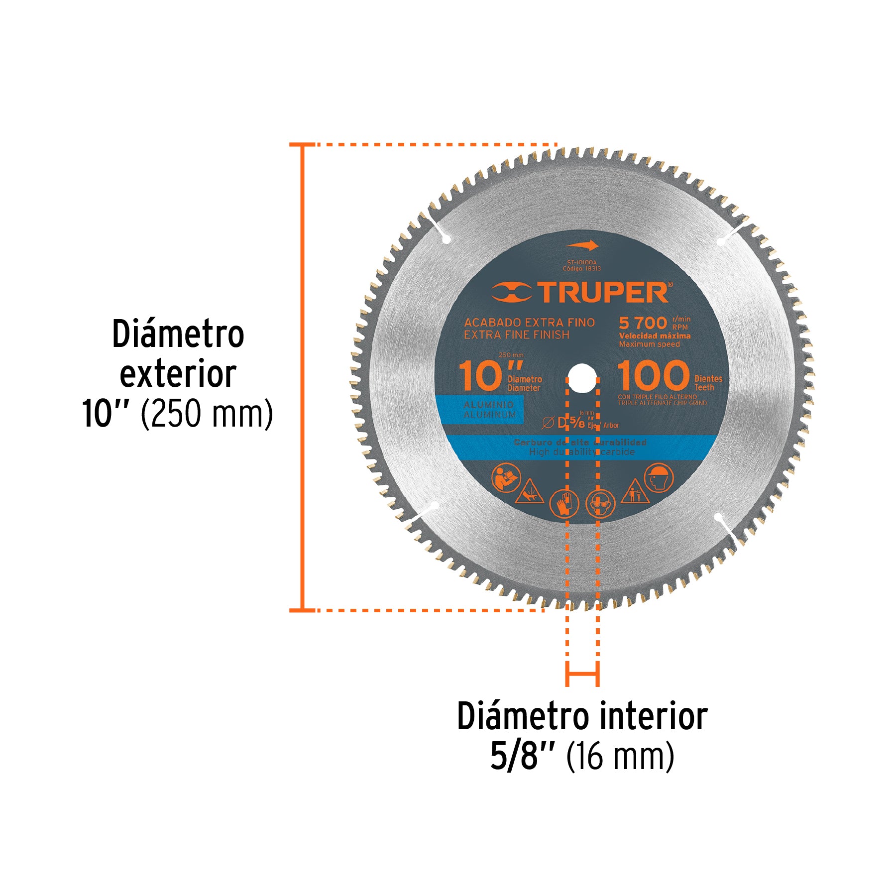 Disco sierra p/aluminio 10", 100 dientes, centro 5/8"