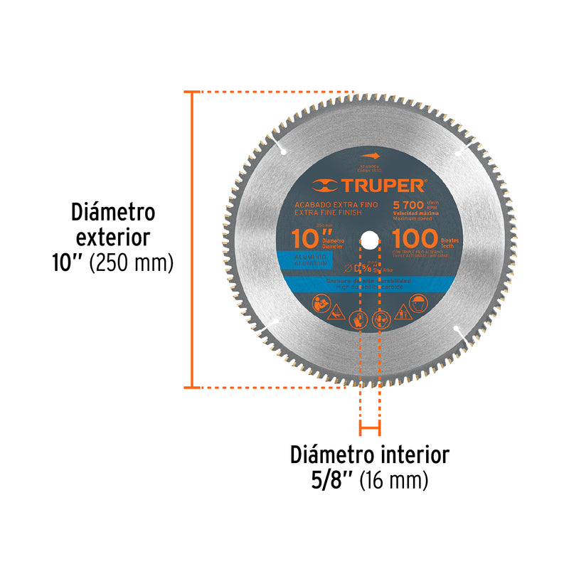 Disco sierra p/aluminio 10", 100 dientes, centro 5/8"