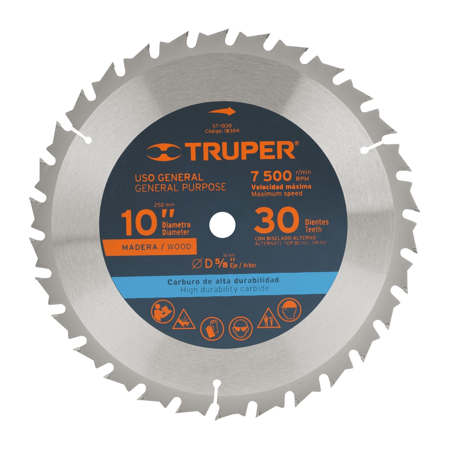 Disco sierra p/madera 10", 30 dientes, centro 5/8"
