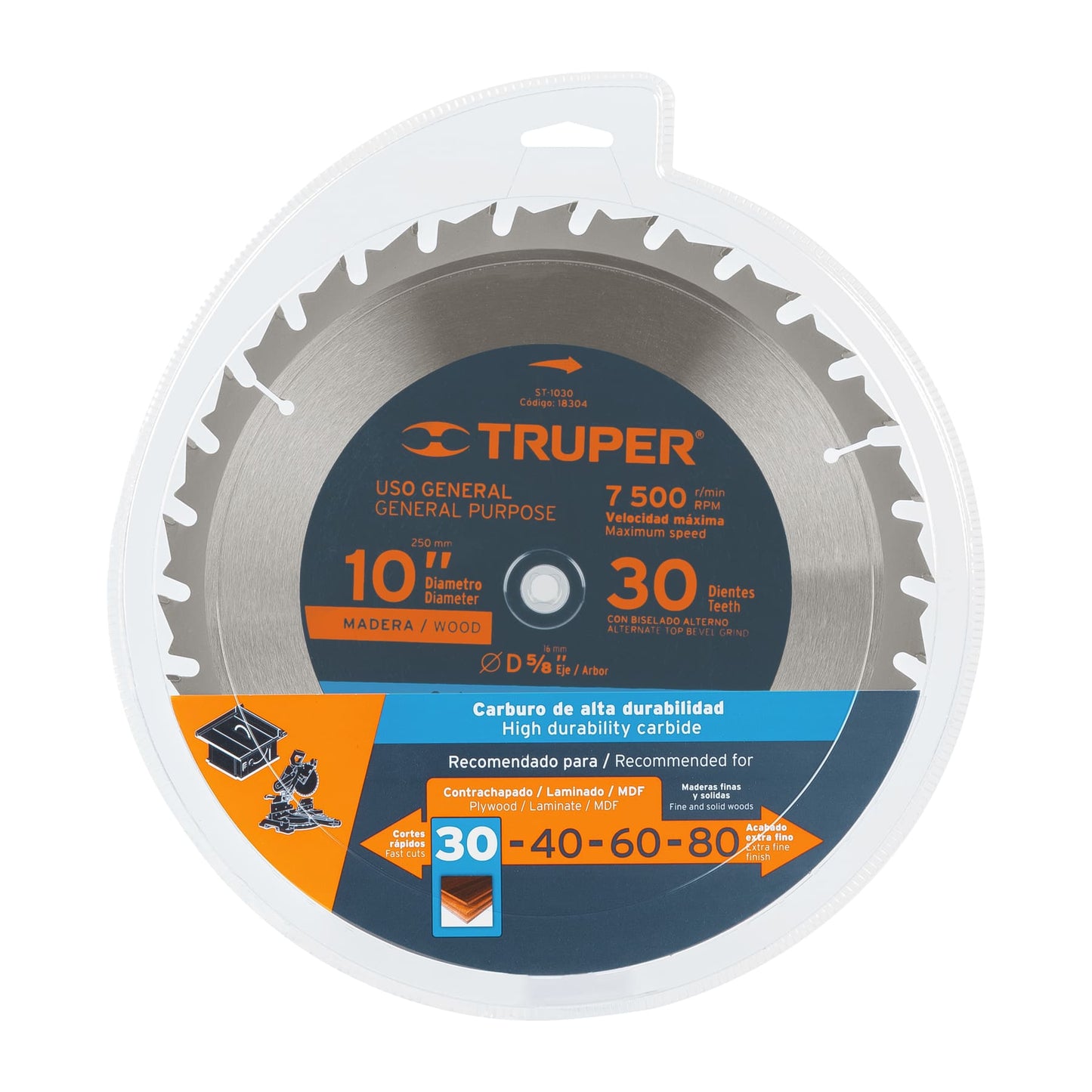 Disco sierra p/madera 10", 30 dientes, centro 5/8"