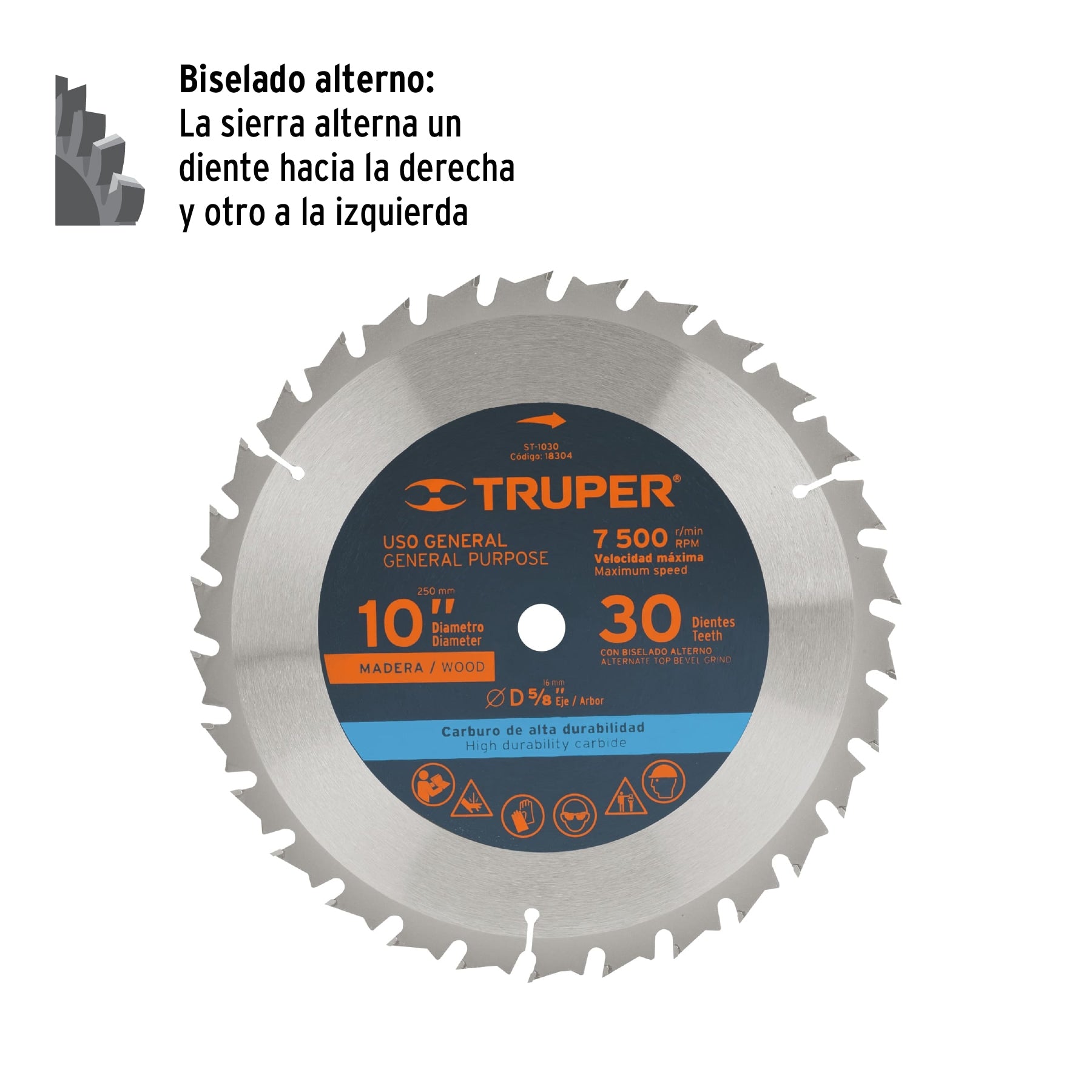 Disco sierra p/madera 10", 30 dientes, centro 5/8"