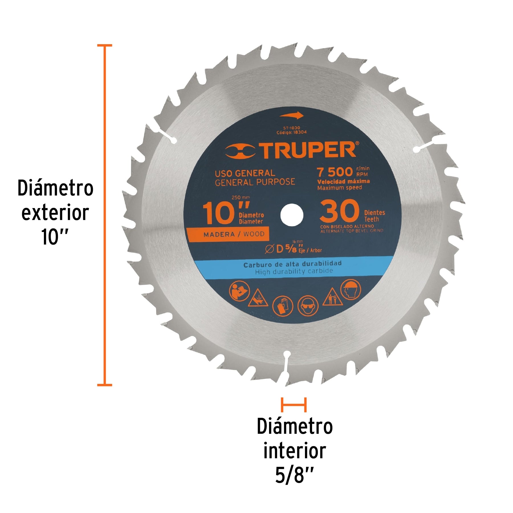 Disco sierra p/madera 10", 30 dientes, centro 5/8"