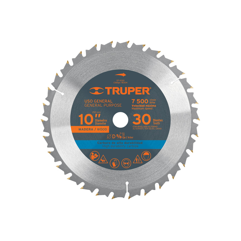 Disco sierra p/madera 10", 30 dientes, centro 5/8"