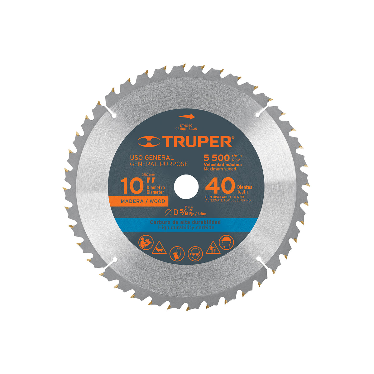 Disco sierra p/madera 10", 40 dientes, centro 5/8"