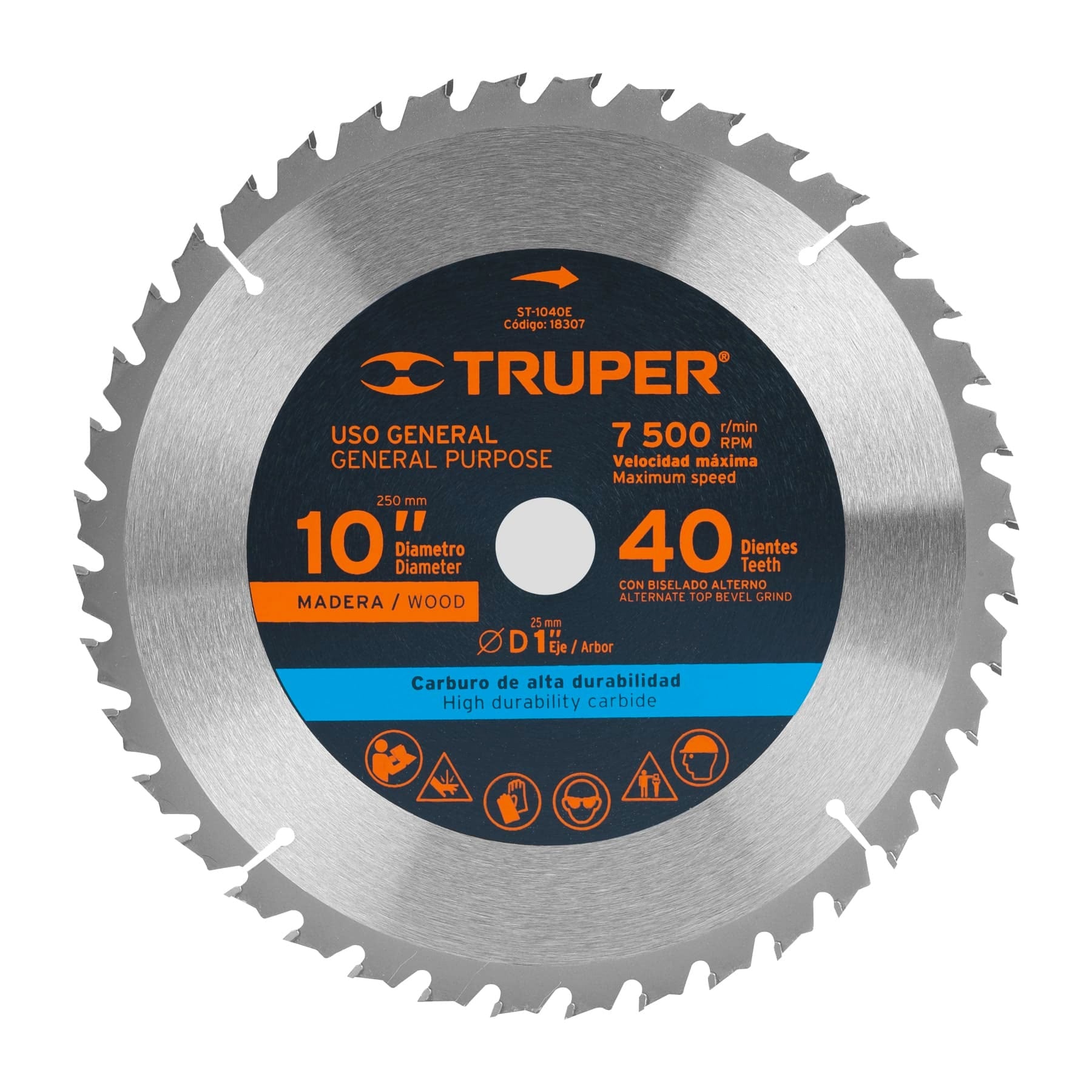 Disco sierra p/madera 10", 40 dientes, centro 1"