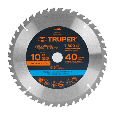 Disco sierra p/madera 10", 40 dientes, centro 1"