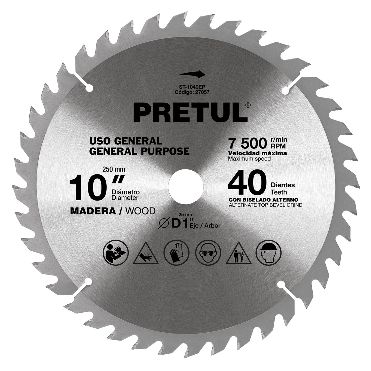 Disco Sierra circular p/madera 10", 40 dientes, centro 1", Pretul