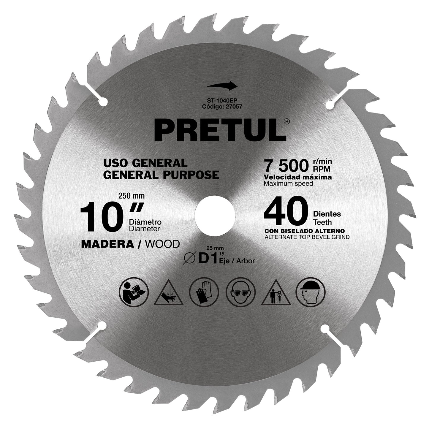 Sierra circular p/madera 10", 40 dientes, centro 1", Pretul