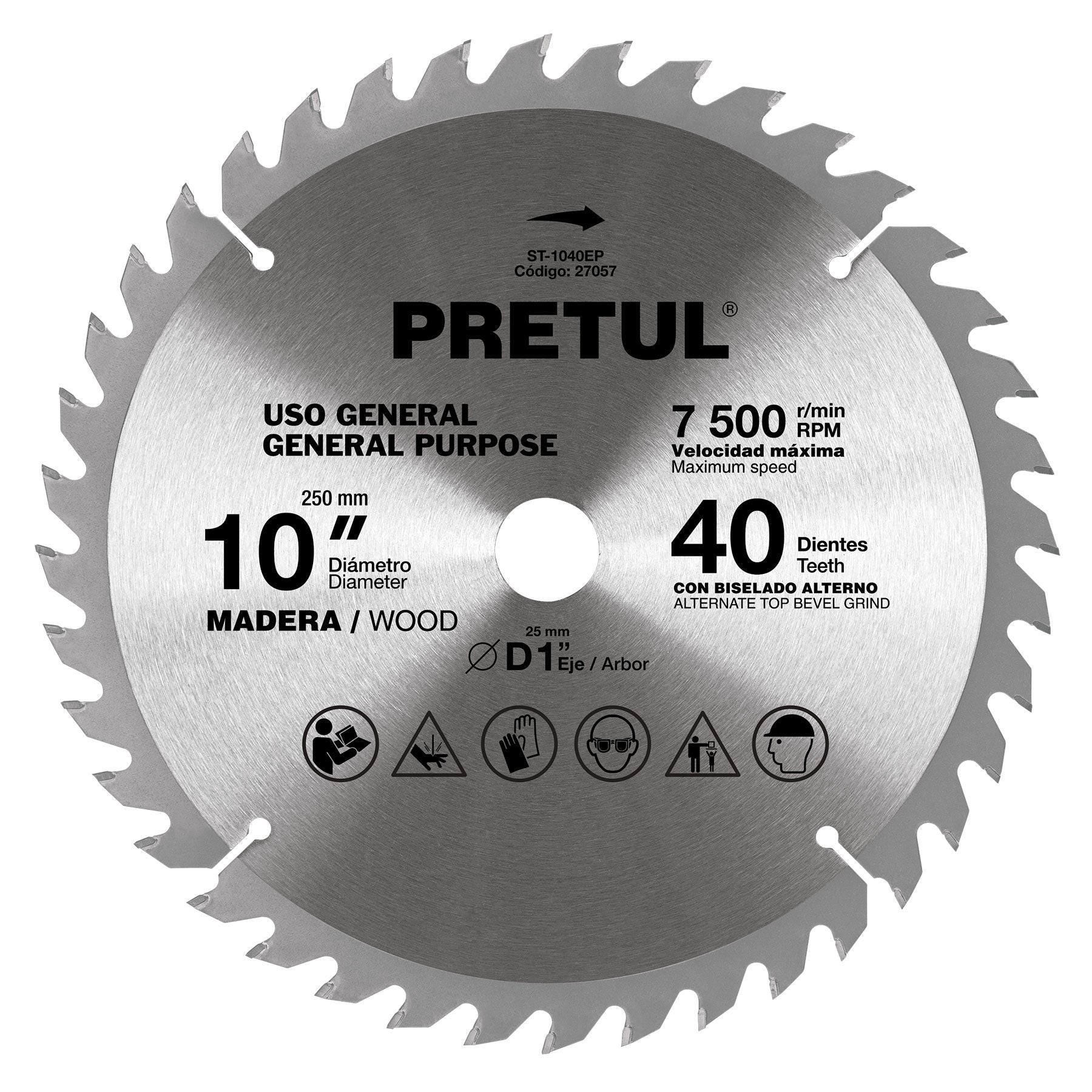 Sierra circular p/madera 10", 40 dientes, centro 1", Pretul