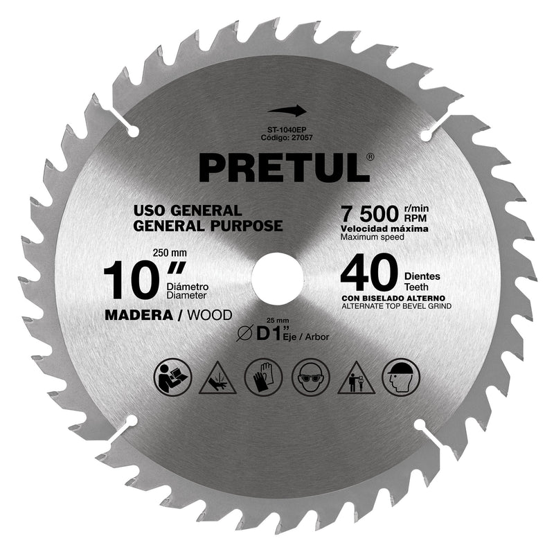 Disco Sierra circular p/madera 10", 40 dientes, centro 1", Pretul