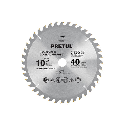 Disco Sierra circular p/madera 10", 40 dientes, centro 1", Pretul