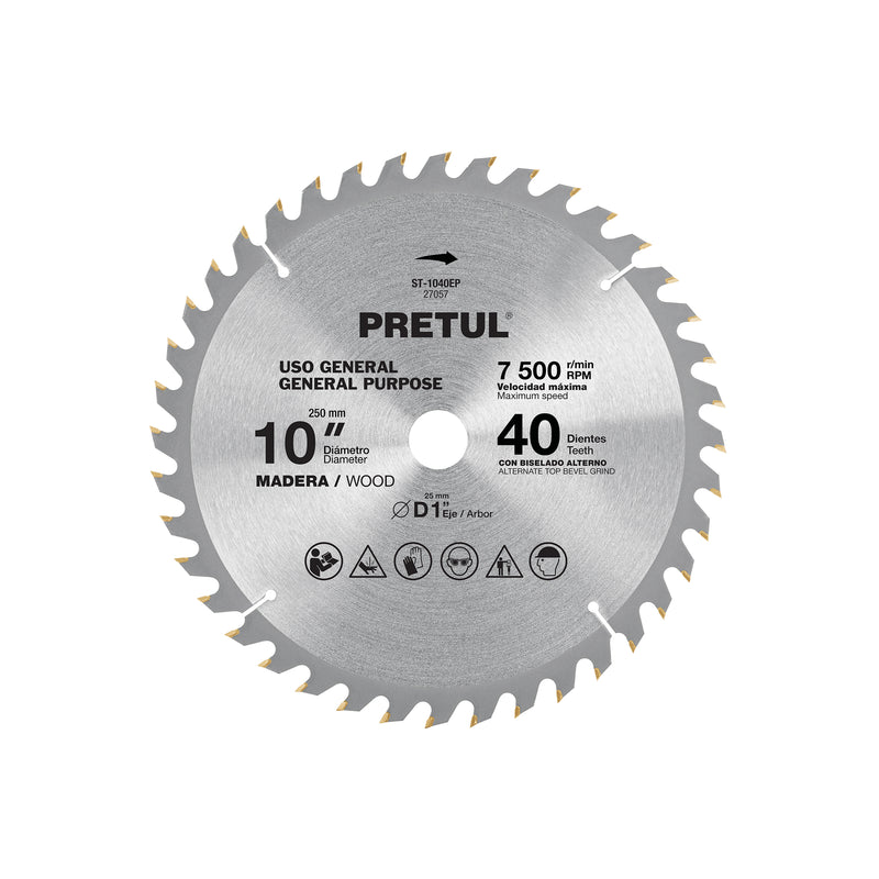 Disco Sierra circular p/madera 10", 40 dientes, centro 1", Pretul