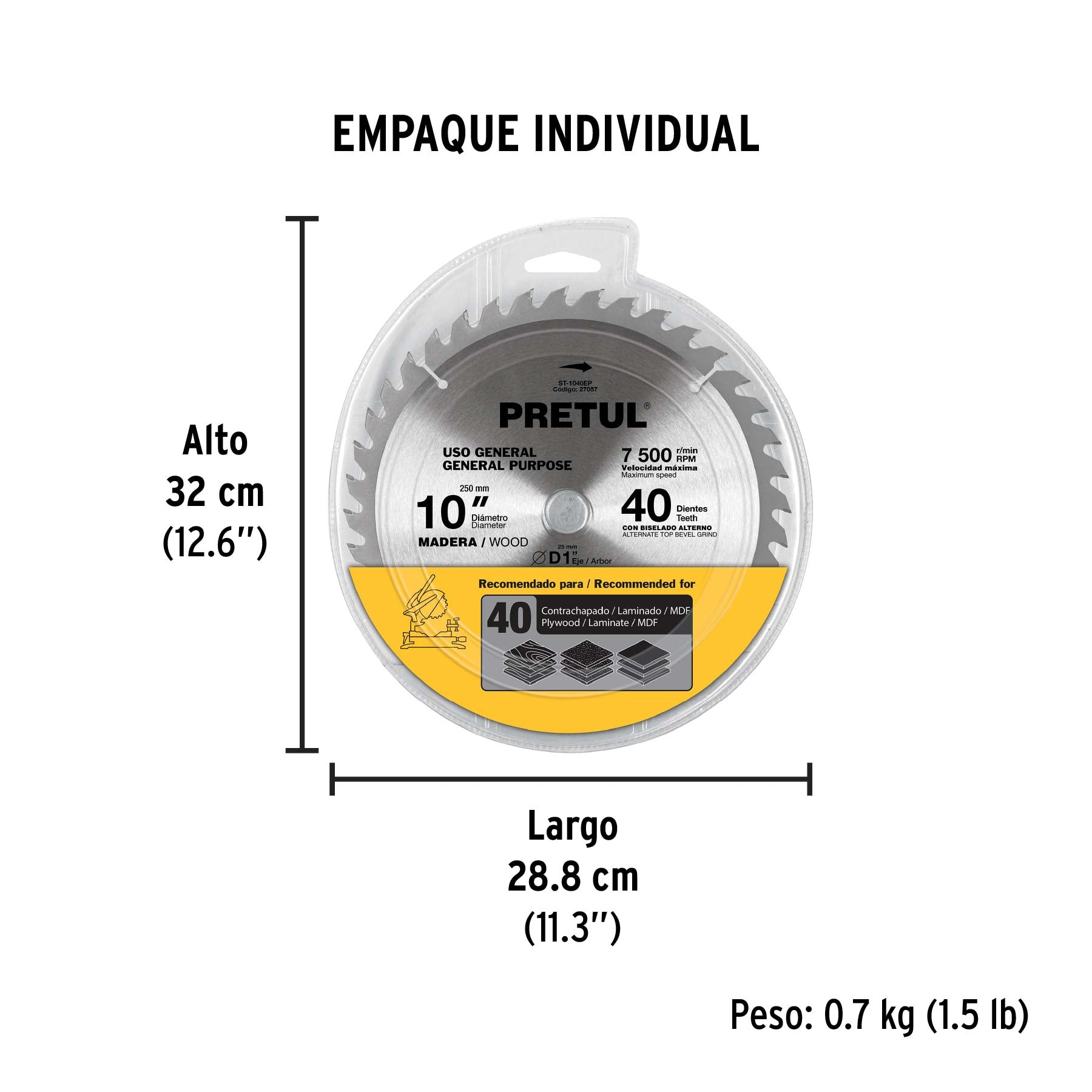 Disco Sierra circular p/madera 10", 40 dientes, centro 1", Pretul
