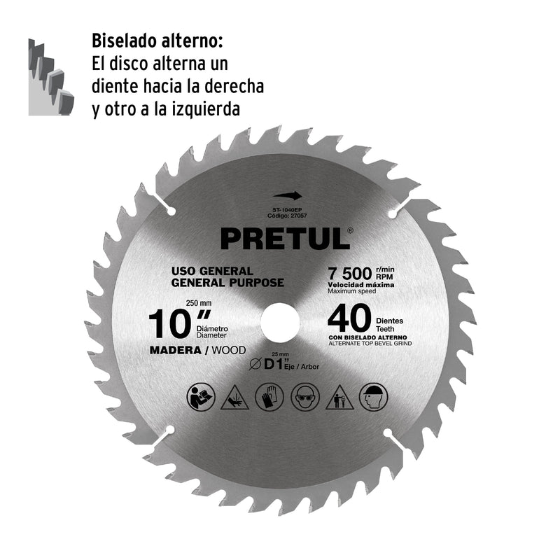 Disco Sierra circular p/madera 10", 40 dientes, centro 1", Pretul