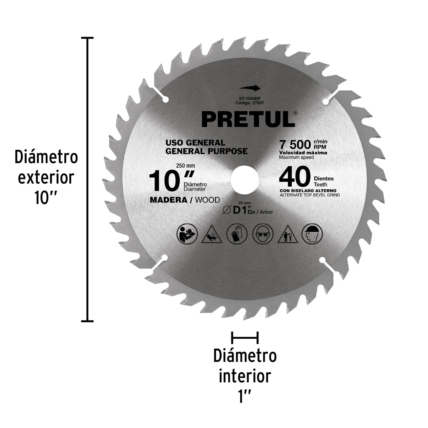 Sierra circular p/madera 10", 40 dientes, centro 1", Pretul