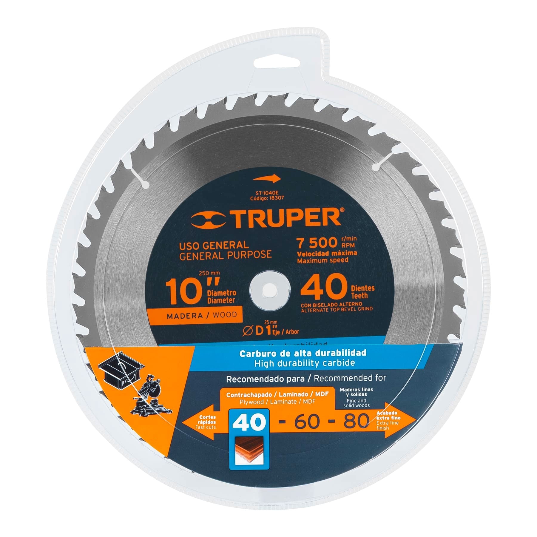Disco sierra p/madera 10", 40 dientes, centro 1"