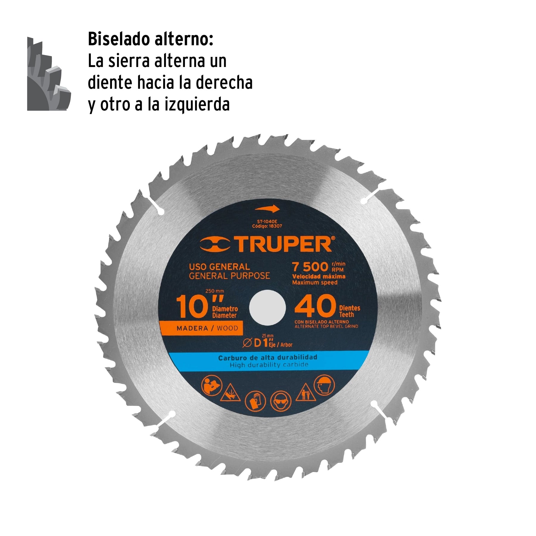 Disco sierra p/madera 10", 40 dientes, centro 1"