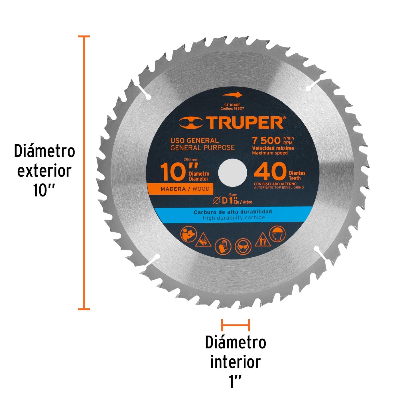 Disco sierra p/madera 10", 40 dientes, centro 1"