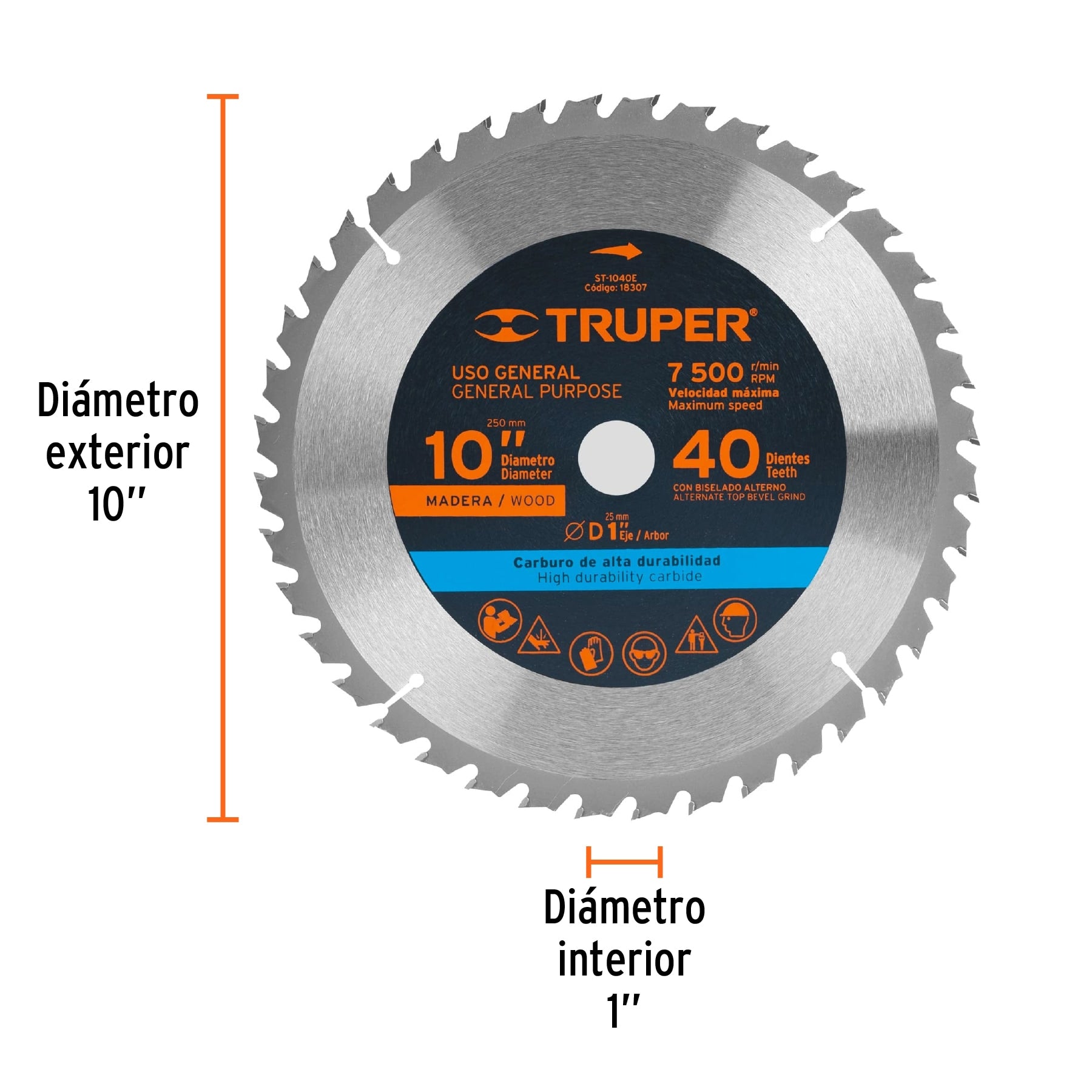 Disco sierra p/madera 10", 40 dientes, centro 1"