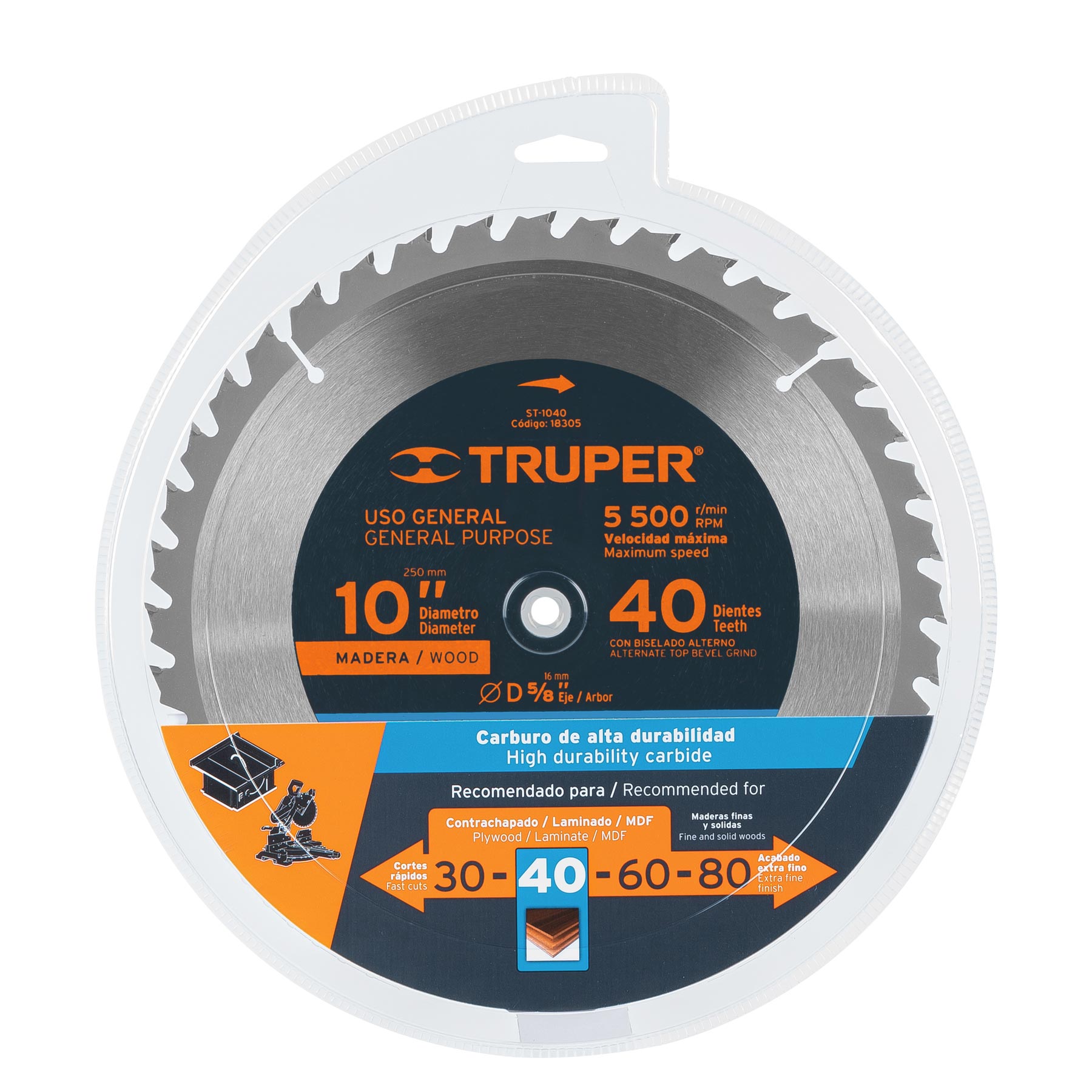 Disco sierra p/madera 10", 40 dientes, centro 5/8"
