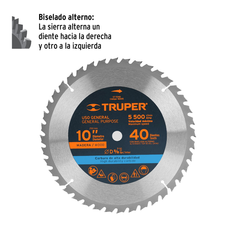 Disco sierra p/madera 10", 40 dientes, centro 5/8"
